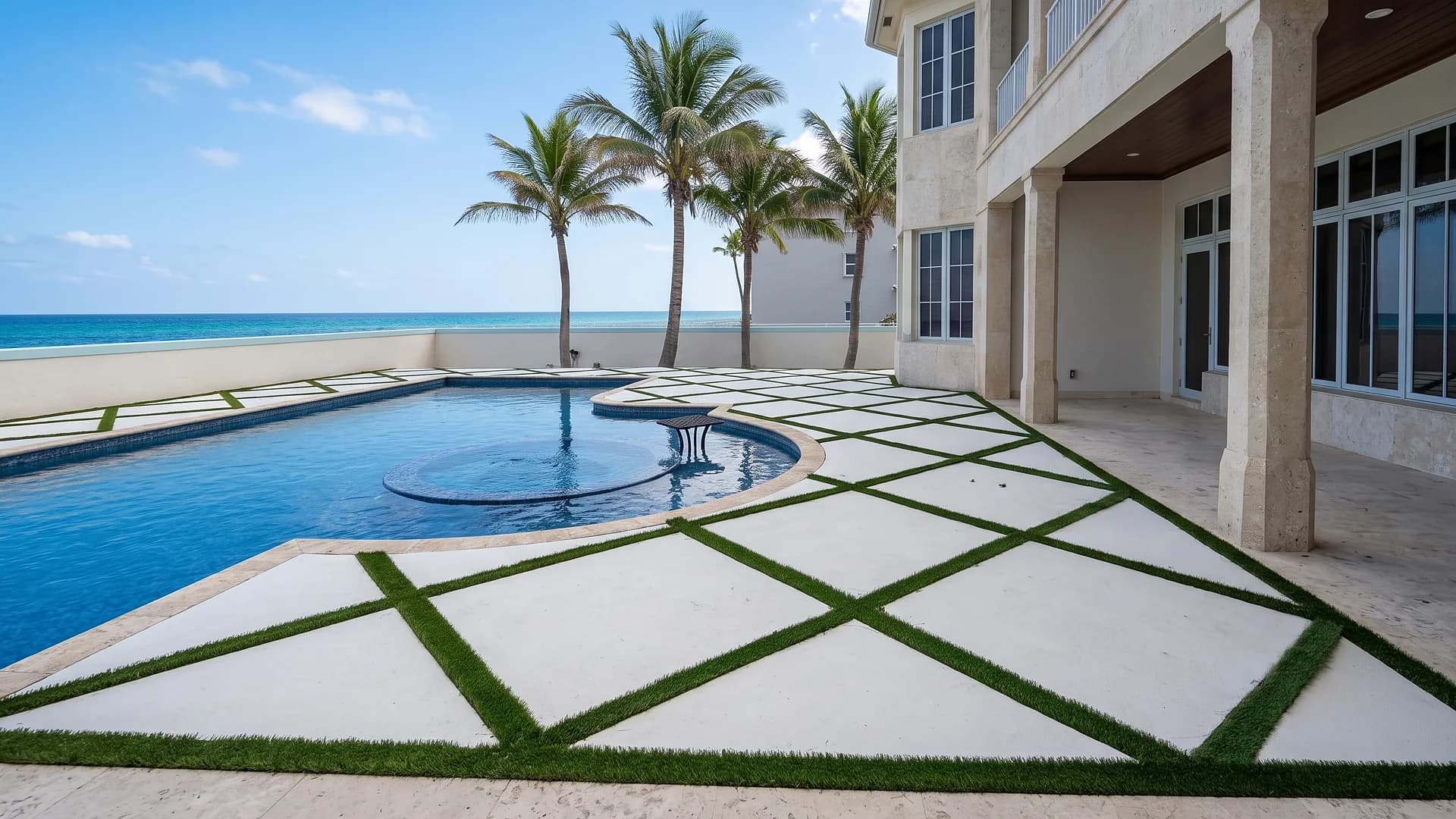 Oceanfront pool deck with white pavers and turf joints installed by TL Pavers
